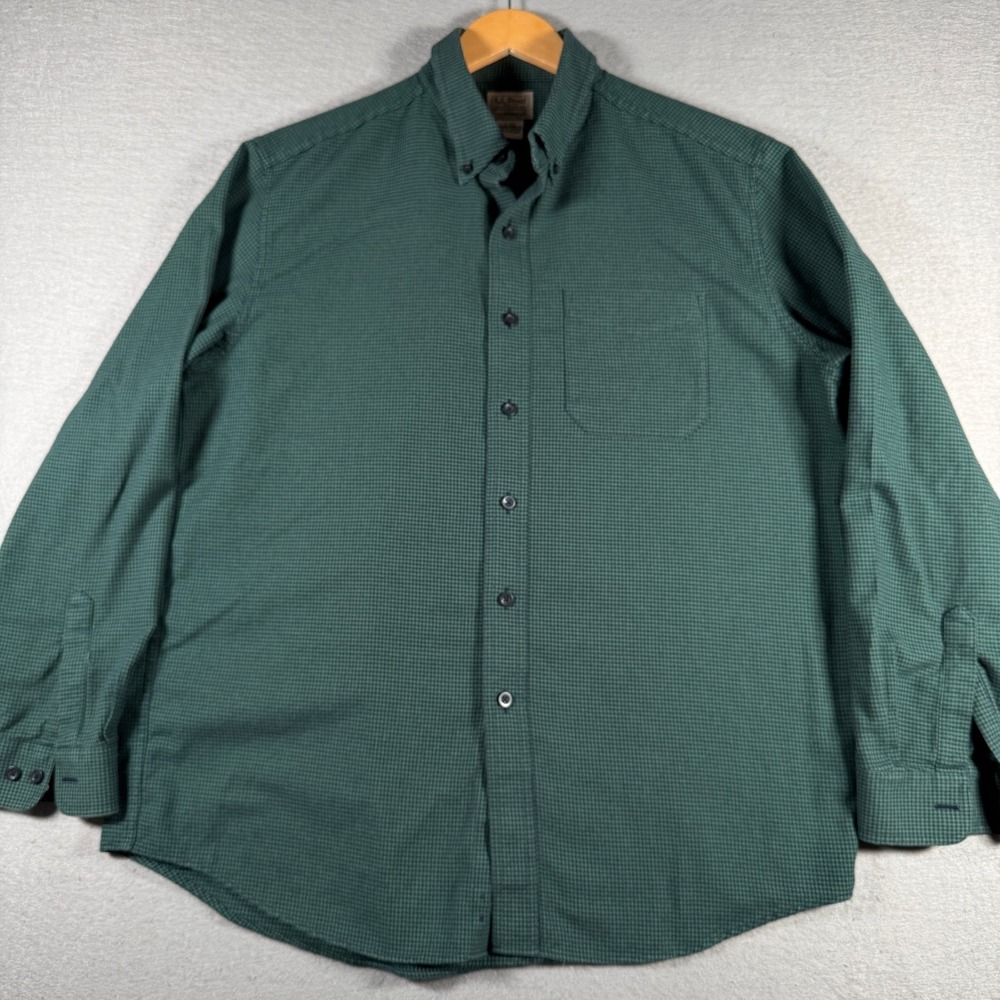 LL Bean Mens Large Traditional Fit Cotton Houndstooth Button Down Shirt Green